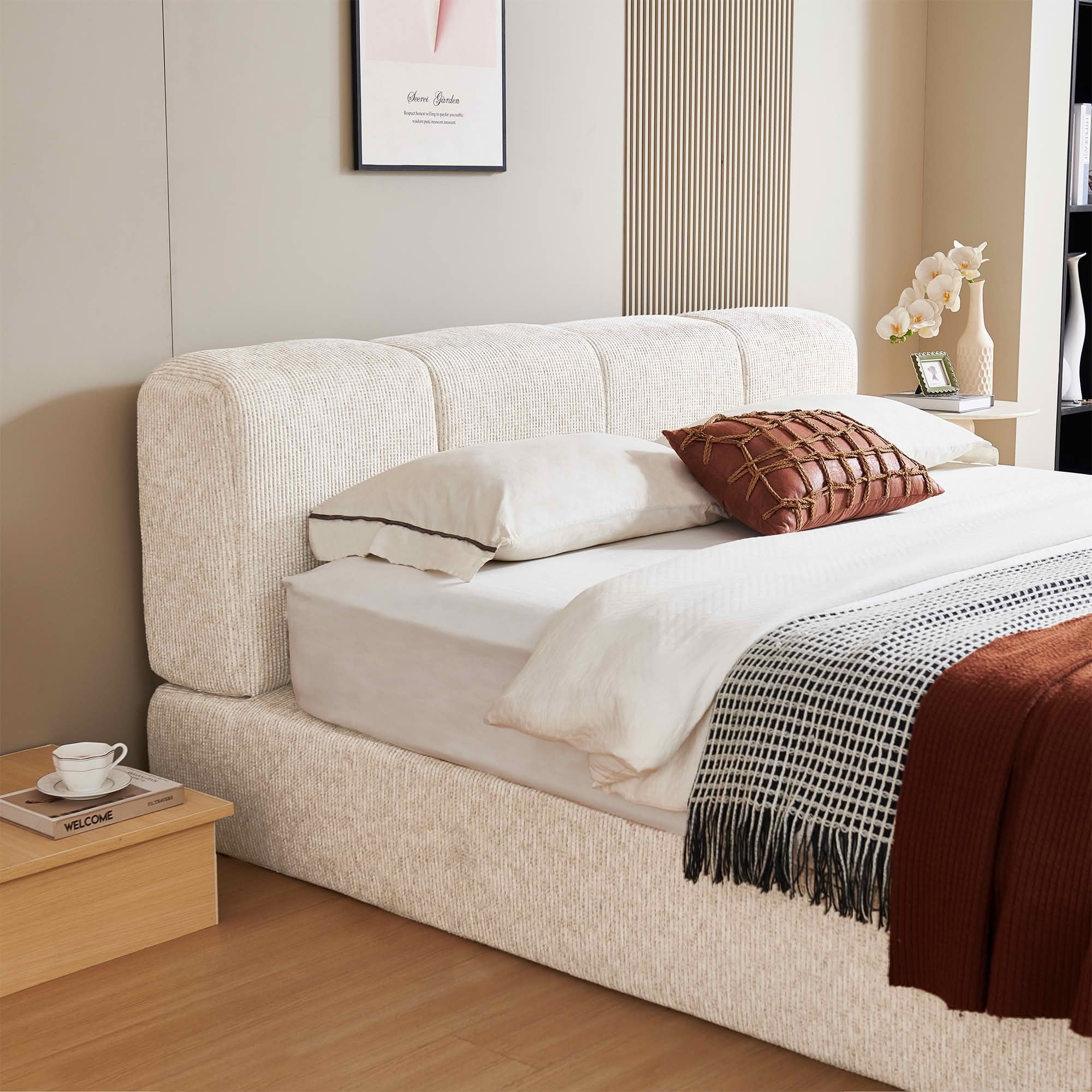 MAYEERTY Cloud Rest Cotton-Linen Blend Compressed Bed Queen Size Mattress Foundation with Headboard,Universal Fit, Hybrid Support Tool-Free Assembly