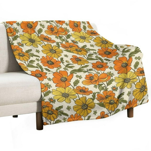 70s Retro Floral Flannel Blanket Lightweight Blanket for Couch Sofa Bed, Super Soft Cozy Print Warm Blanket