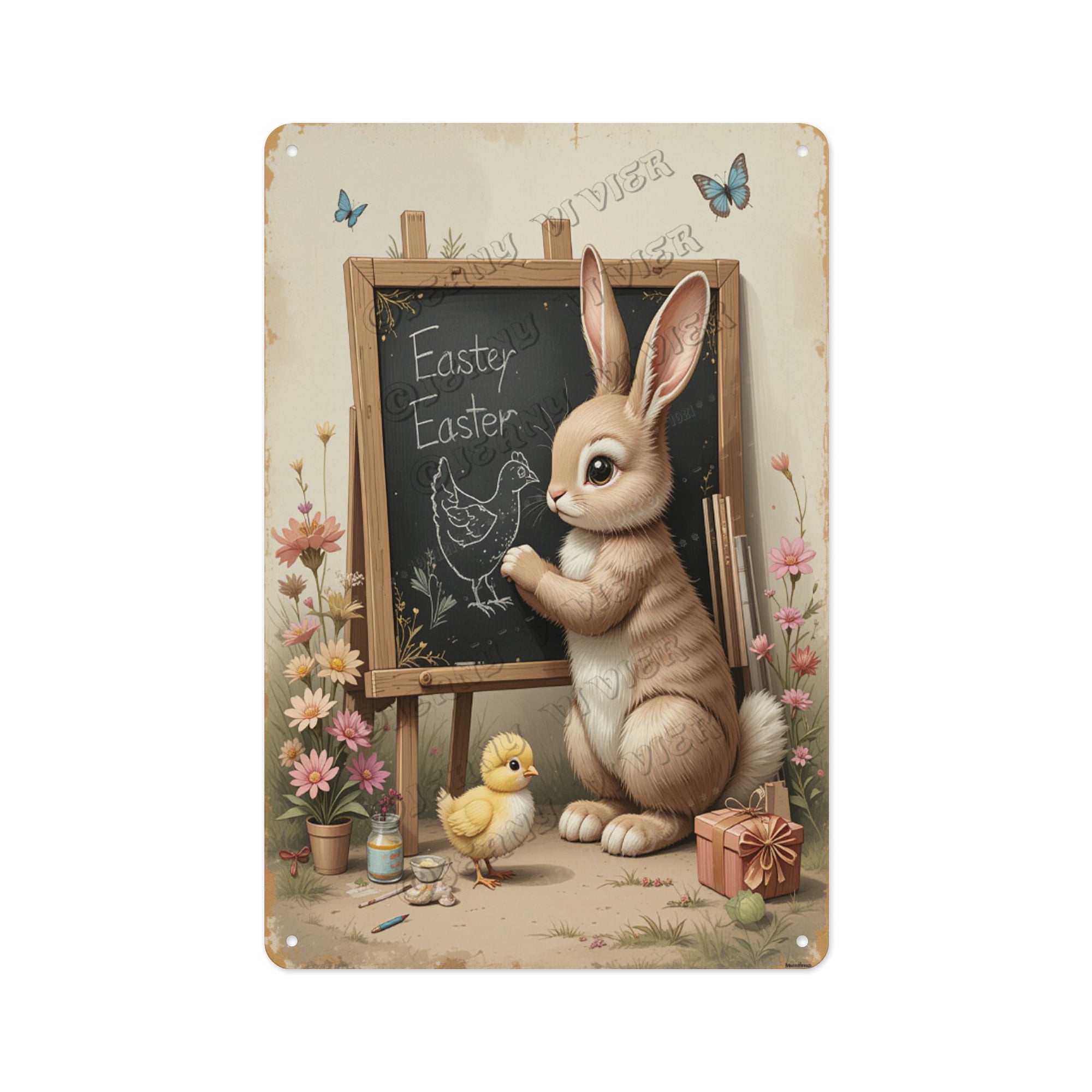 Antique Aluminum Sign with Bunny Drawing, 12 x 16 Inches, Ideal for Adding a Playful Touch to Bedroom, Living Room, or Nursery Decor