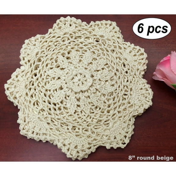 6PCS ROUND Cotton Crochet Lace Doily 4", 6", 8", 10" or 12" ROUND BEIGE Handmade