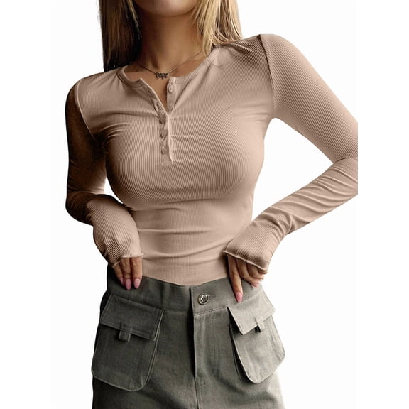 Women'S Long Sleeve Henley T Shirts Button Ribbed Knit Slim Fit Basic Tops Blouse Casual Outfits Khaki S
