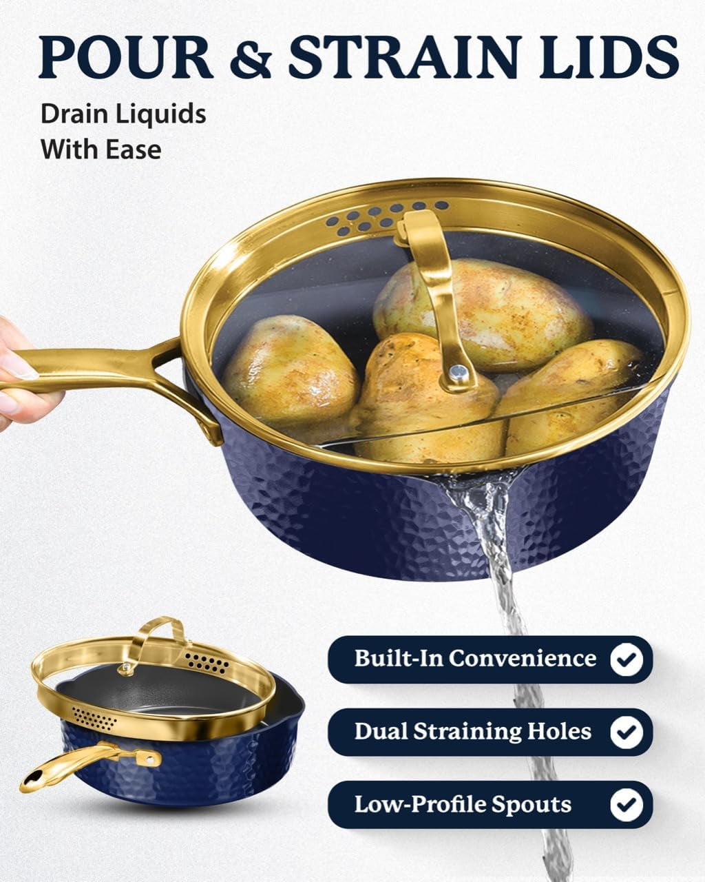Granitestone Hammered 4 Qt Saute Pan with Lid - 12 Inch Non Stick Frying Pan with Strainer Holes, Cooking Pan, Nonstick Skillet, Induction Pan, Ceramic Pan, Dishwasher Safe, Navy
