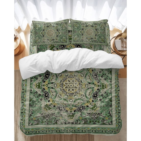 Turkish Boho Bedding Duvet Cover Set Queen Size 4 Pieces Green Wallpaper Murals Retro Medieval Bedding Set with Zipper Closure, 1 Comforter Cover 90x90 Inches 1 Flat Sheet & 2 Pillow Cases