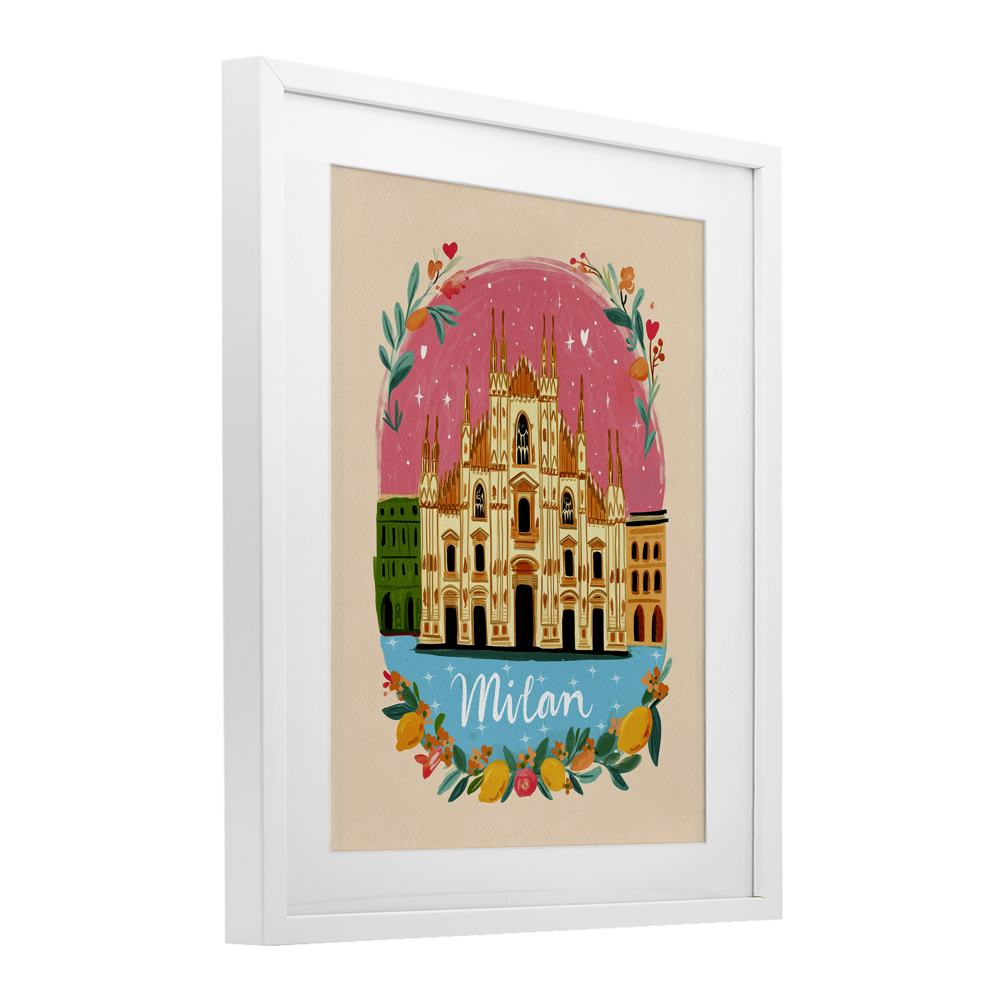 Floral Bordered Milan White Framed Print Under Glass, design by Yen