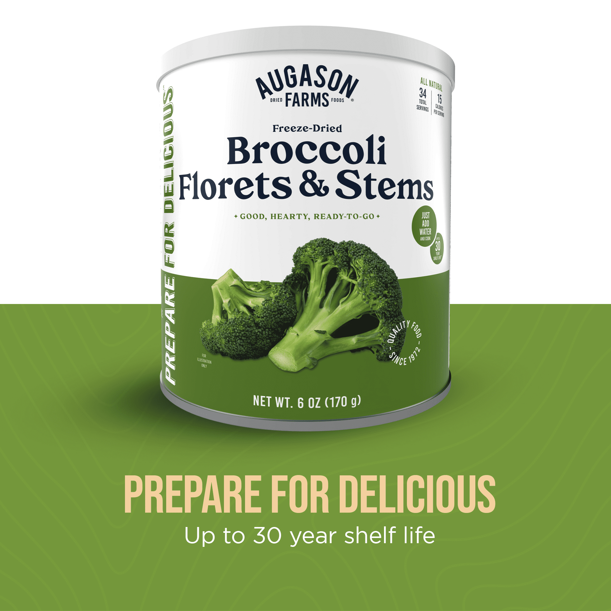 Augason Farms Freeze Dried Broccoli Florets and Stems Can, Emergency Food Supply, Everyday Meals, 34 Servings