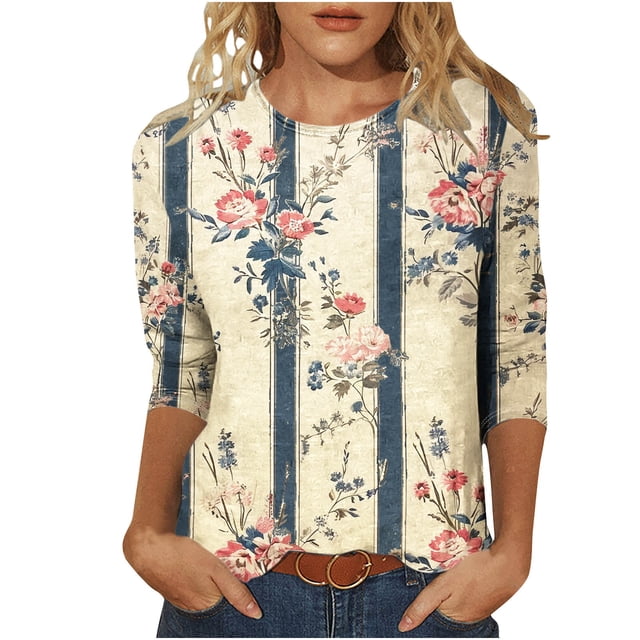 KIHOUT Nouvelles Arrivées Hauts à Manches 3/4 pour Femmes Coupe Ample Décontractée Col Rond T-Shirts Mignons Tunique Trois Quarts