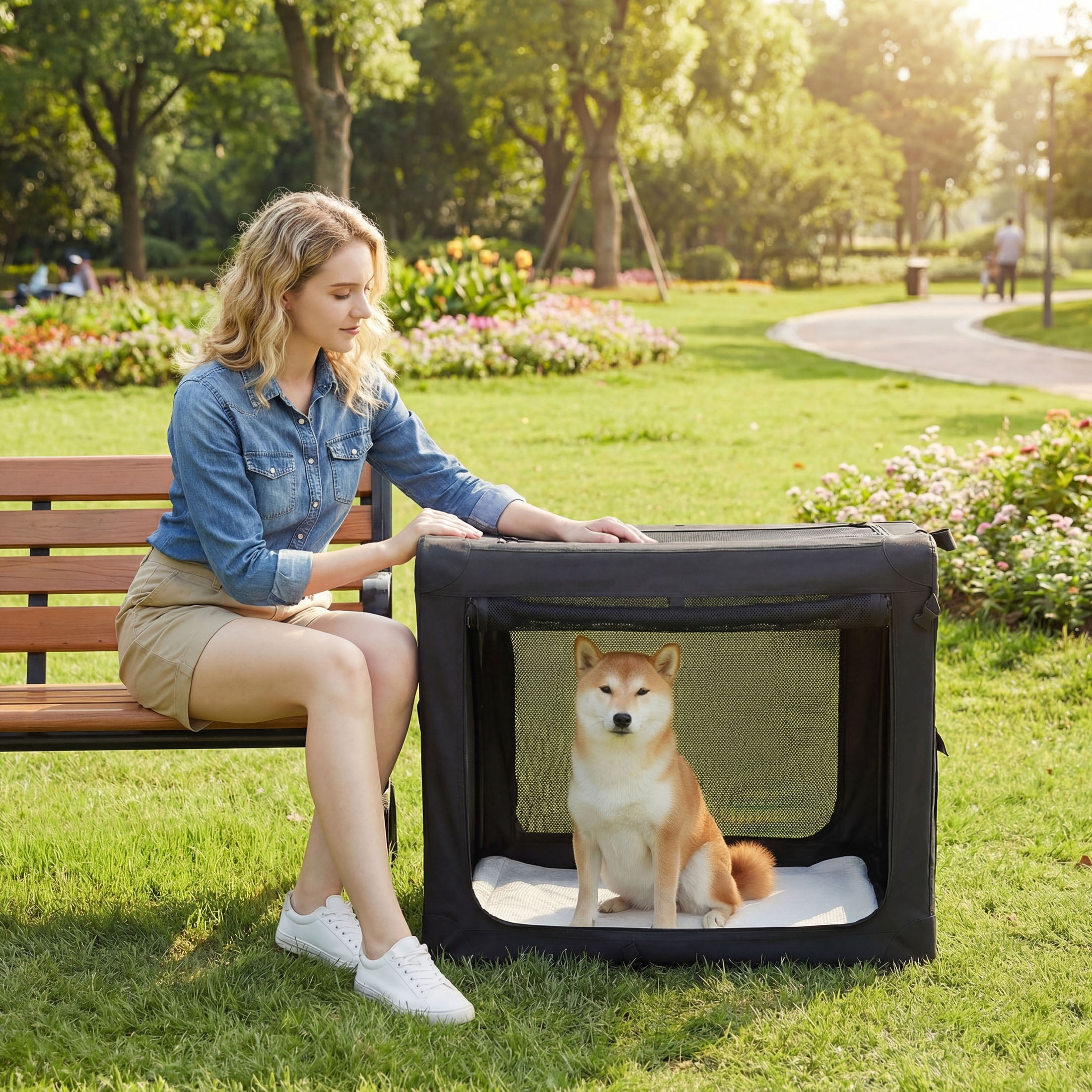 edx 30 Inch Portable Foldable Dog Crate for Small Medium Dog, 3-Door Soft Pet Airline Approved Crate with Storage Bag & Washable Pad, Up To 50Lbs, For Indoor Outdoor Dog/Cat/Pet Kennel Carrier, Black