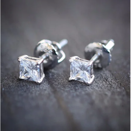 Small Square Princess Cut Cz 925 Sterling Silver Stud Screw Back Earrings