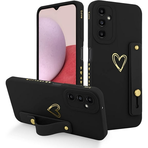 for Samsung Galaxy A14 5g Case with Phone Stand Holder Cute Love Hearts Protective Camera Protection Cover with Wrist Strap for Women Girls for Galaxy A14-Black