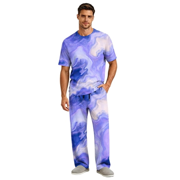 CCRFTGI Mens Pajamas Set Summer Sleepwear Short Sleeve Pjs Set Soft Tie Dye 2 Piece Lounge Set Loungewear with Pockets Dark Blue M