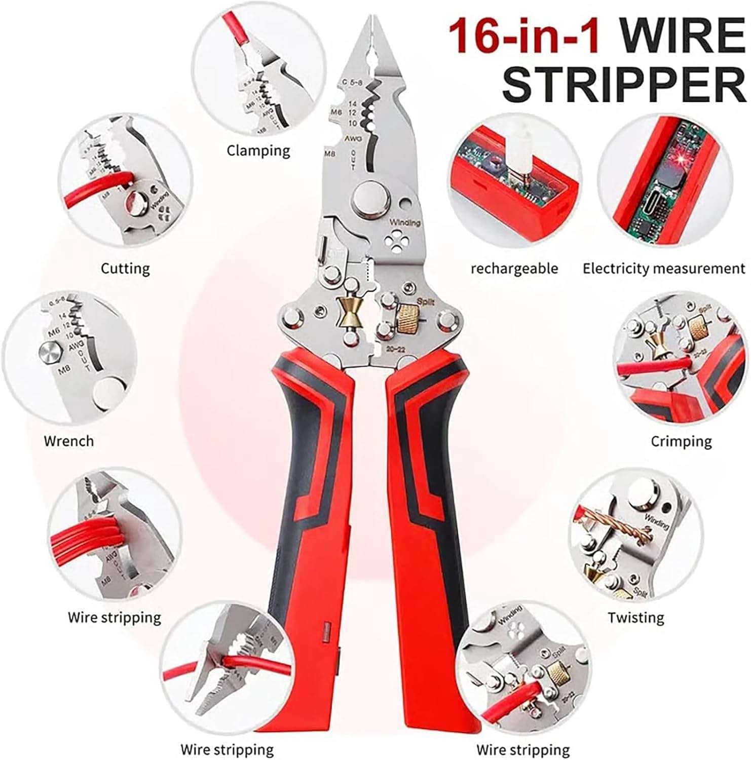 16-in-1 Wire Stripper Tool with Voltage Tester – Professional Multifunctional Folding Wire Stripper, Cutter, Crimper & Twister, Audible & Flashing LED Alarm