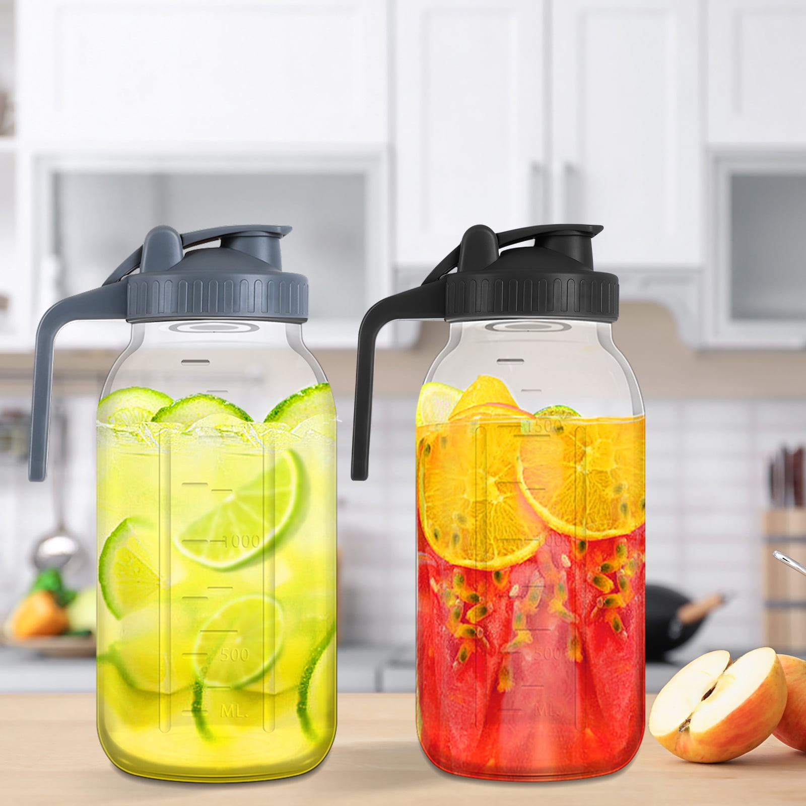 2 Pack 64 oz Glass Water Pitcher, Half Gallon Mason Jar Pitcher with Wide Mouth Airtight Lid for Ice Tea, Cold Brew Coffee, Fridge Water, Breast Milk, Juices, Leak Proof (Black+Gray)
