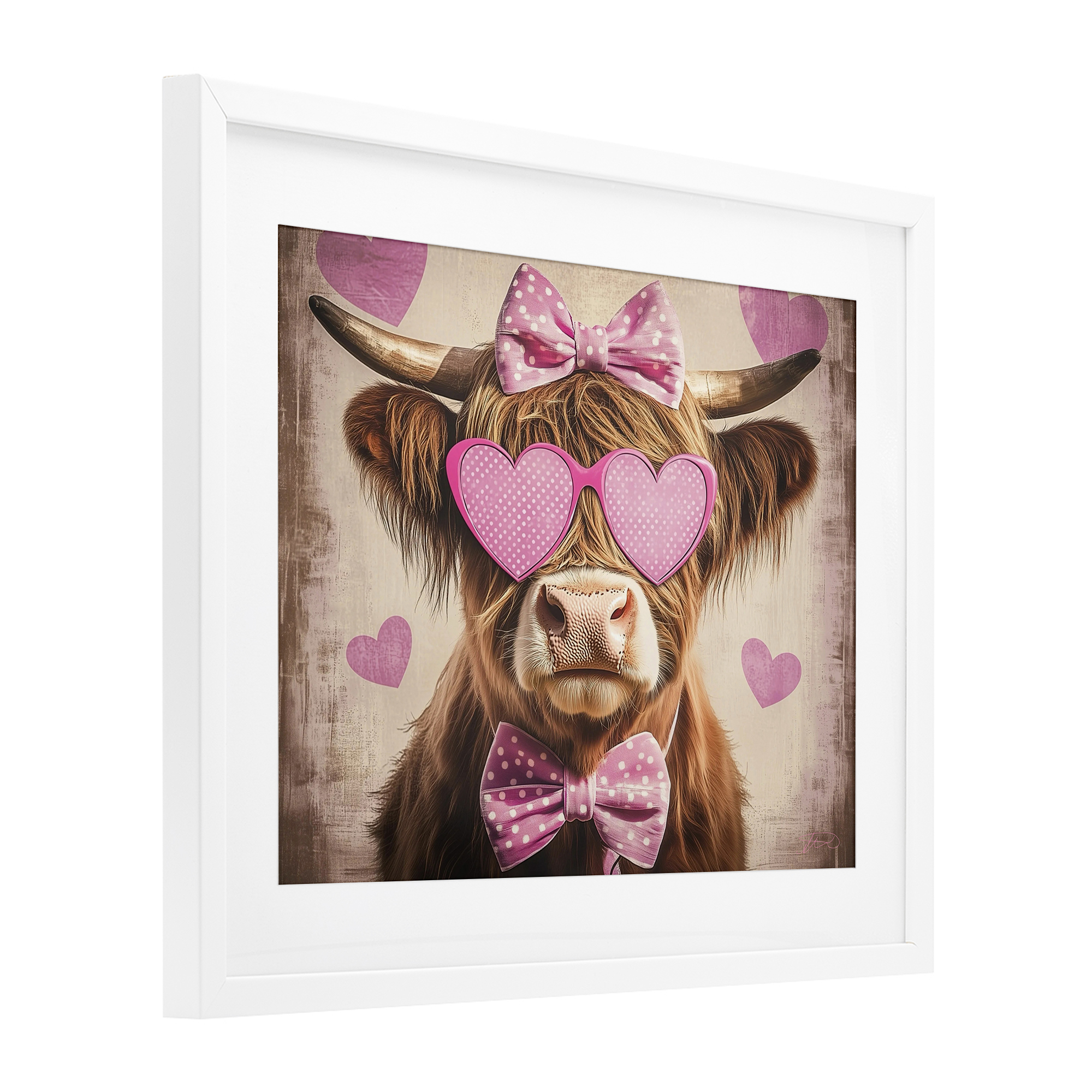 Cute Cattle Pink Hearts White Framed Print Under Glass, design by Shawna Stewart