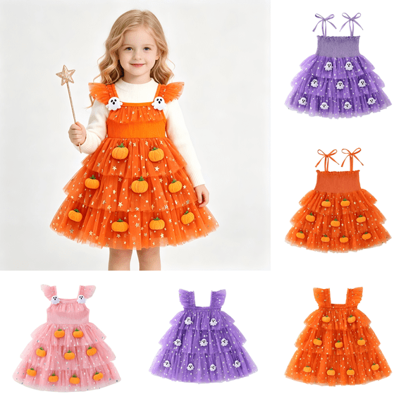 Wilark Toddler Girls Halloween Dresses Size 3, Square Neck Lightweight Cute Trendy Flutter Sleeve Festival Party Dresses Orange