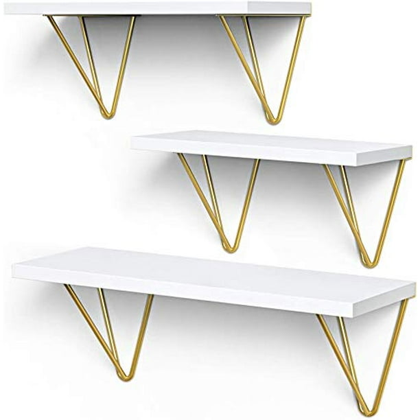 White Floating Shelves Elegant Vanity Triangle Golden Metal Brackets Hanging Wall Set Of 3 Mounted Shelf For Living Room Bedroom Kitchen By Amada Homefurnishing Com - White Wall Shelves With Brackets White Floating Shelves Elegant Vanity Triangle Golden Metal Brackets Hanging Wall Set Of 3 Mounted Shelf For Living Room Bedroom Kitchen By Amada Homefurnishing Com - White Wall Shelves With Brackets