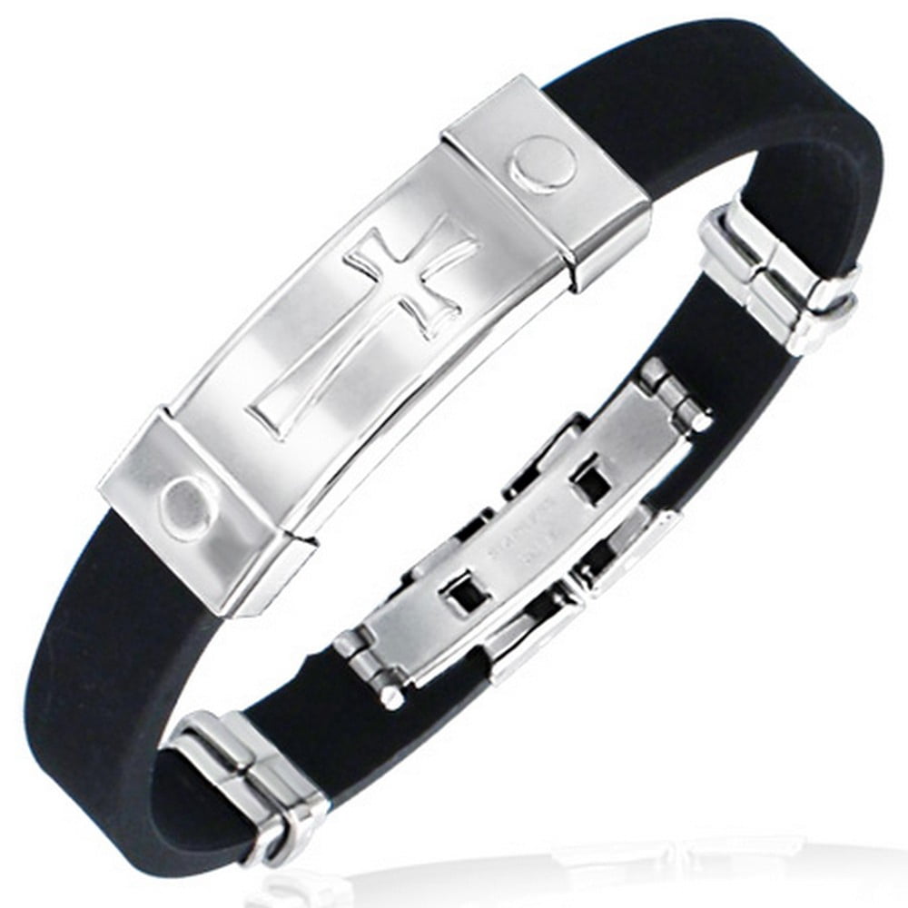 My Daily Styles - Stainless Steel Black Rubber Silicone Cross Religious Mens Christian Bracelets Stainless Steel