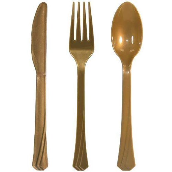 Tiger Chef Plastic Cutlery Set Heavy Duty Colored Plastic Silverware - Includes 96 Forks, 96 Teaspoons, and 96 Knives (Gold, 288)