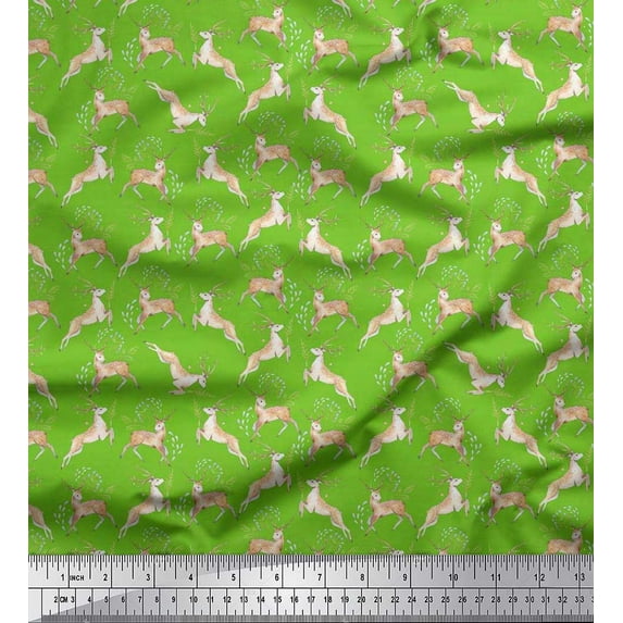 Soimoi Moss Georgette Fabric Leaves & Reindeer Animal Printed Craft Fabric by the Yard 42 Inch Wide