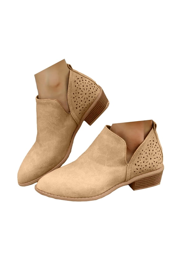 Women's Short Ankle Boots Western Chunky Stacked Heel Perforated Dress Booties Cutout Shoes
