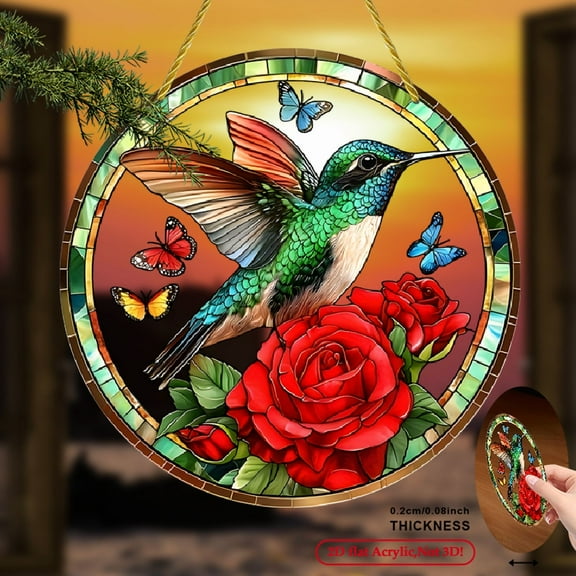 2D Flat, 1pc Hummingbird Rose Suncatcher - Vibrant Colorful Acrylic Window Hanging Decor with Butterflies,  Elegant Wall Art for Home Garden Room, Perfect Gift for Bird Lovers 8*8inch