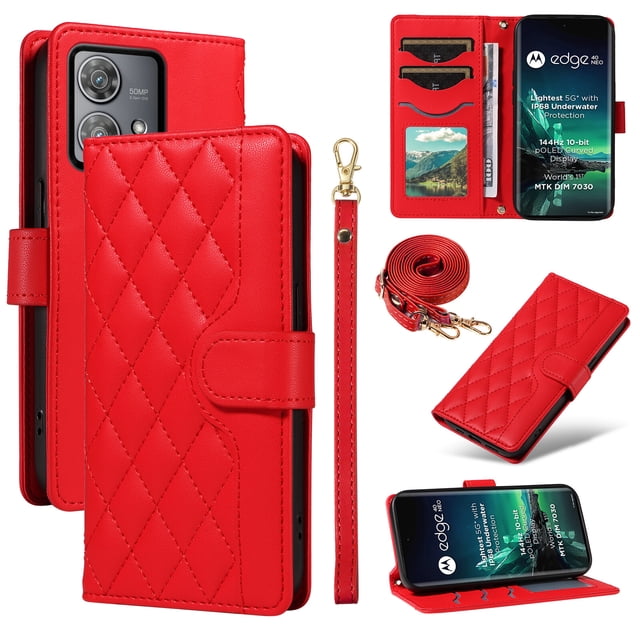 Motorola Edge 40 NEO Phone Case , Wallet Flip Cover Adjustable Crossbody Lanyard Magnetic Card Slots
