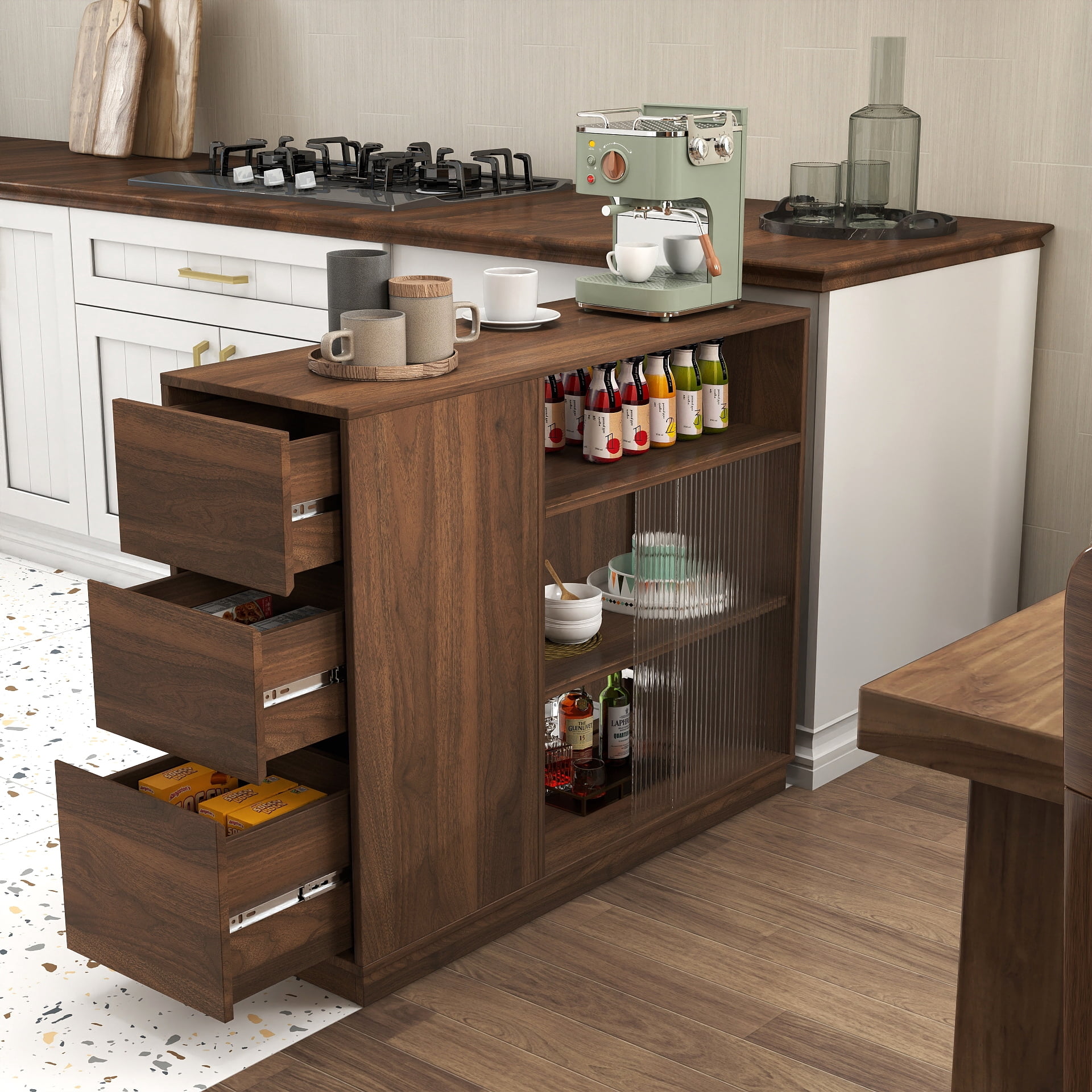 Mintazer Kitchen Sideboard Buffet Cabinet with Drawers & Fluted Glass Doors, Modern Storage Cabinet for Dining Room Kitchen, Walnut Brown