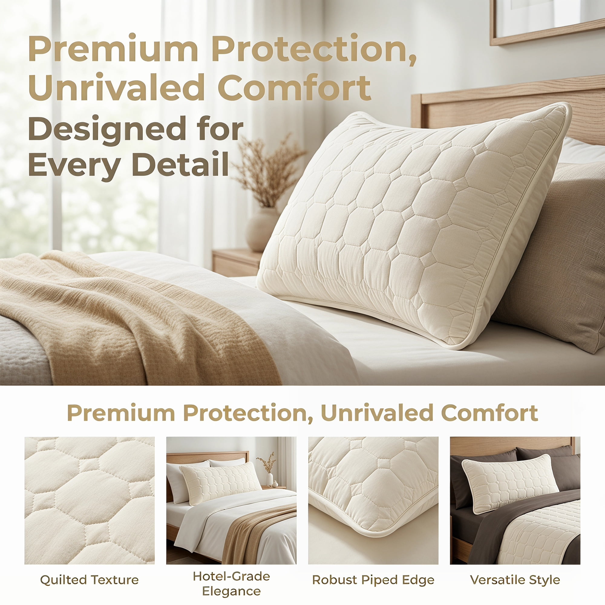 Unique Bargains Quilted Cotton Covers Pillow Protectors with Envelope Standard Size Beige