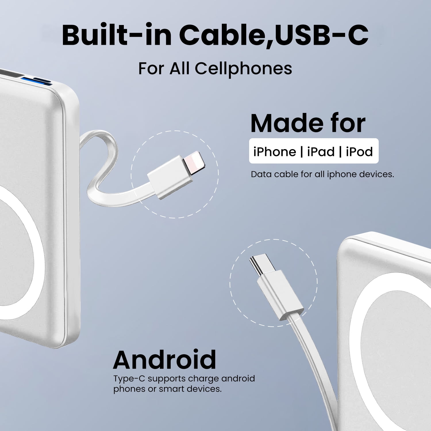 GASYESOY Portable Charger,10000mAh 20W Power Bank,Built-in Cables Fast Charging,with LED Display for iPhone 16/15/14/13/12 and Android,White