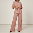thumbnail image 2 of Purcolt Womens 2 Piece Matching Pant Set Dressy Casual Collared Roll Up Long Sleeve Button Front Shirt Full Length Wide Leg Trousers Business Work Office Outfits, 2 of 7