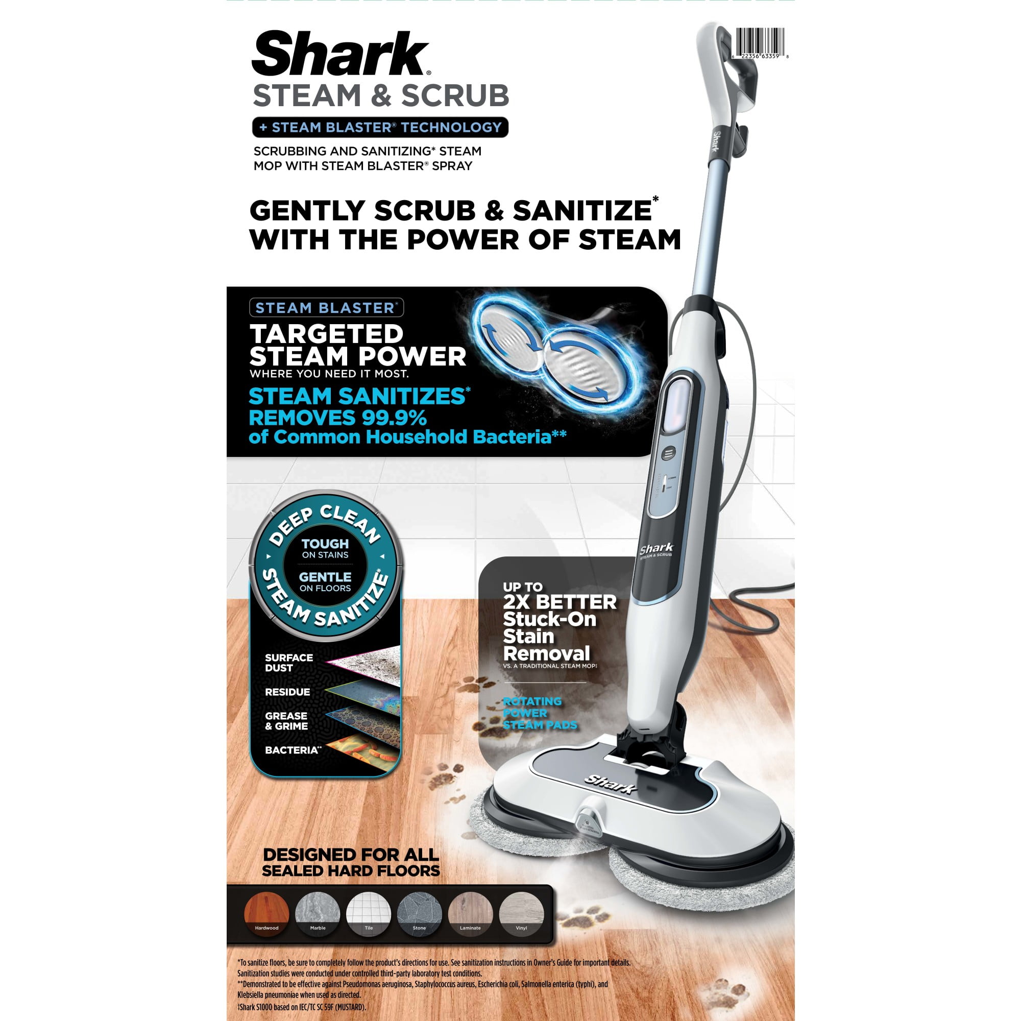 Shark Steam & Scrub Steam Mop, with Steam Blaster Technology, Scrubbing and Sanitizing*, Sealed Hard Floors, 2 Steam Modes, Removable Tank, S8200