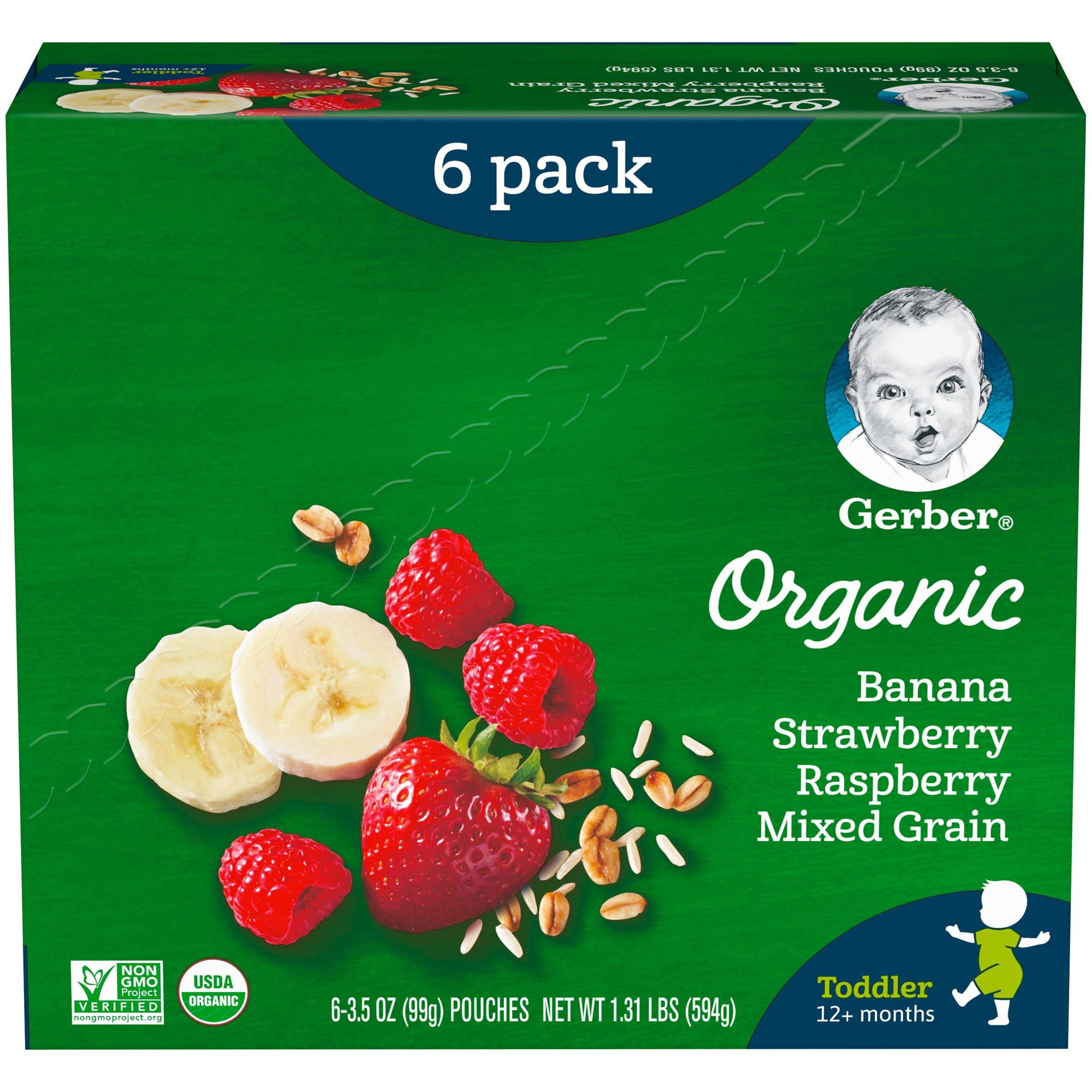 Photo 1 of (Pack of 6) Gerber Organic Toddler Baby Food, Banana Strawberry Raspberry Mixed Grain, 3.5 oz. Pouch