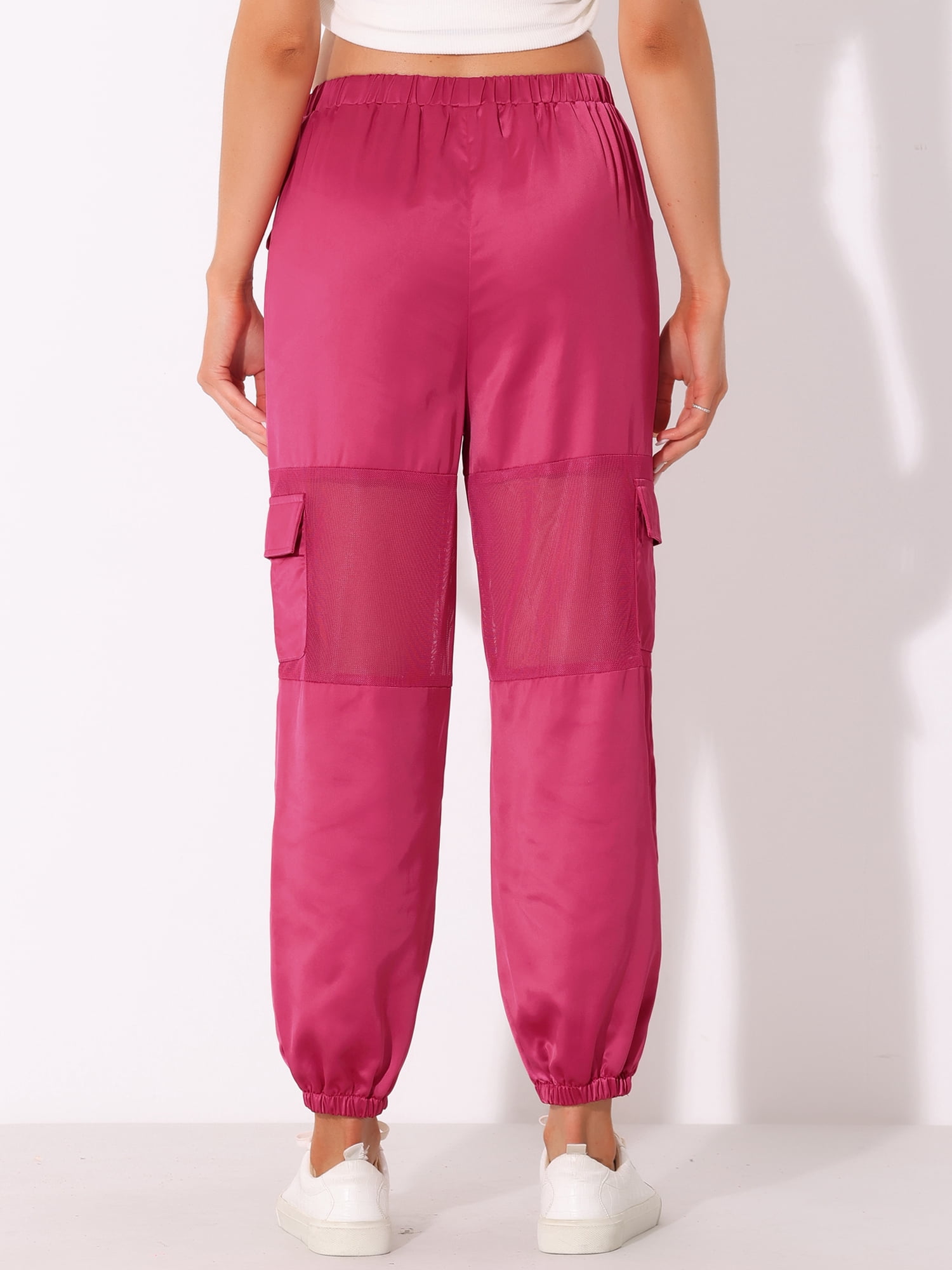 DARING DIVA Women's Casual High Waist Mesh Panel Cargo Baggy Pants L Hot Pink
