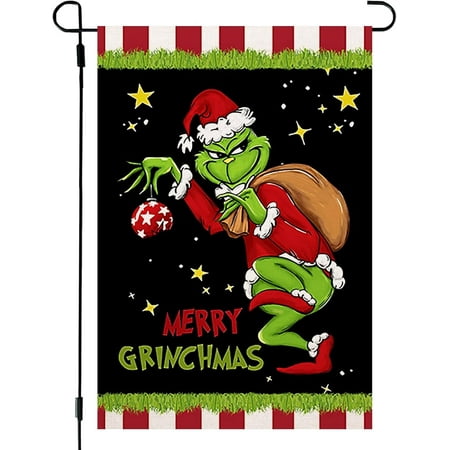 Merry Christmas Grinch Garden Flag Double Sided, House Flag 12 x 18 Inch Double Sided Garden Yard Outdoor Banner Decor