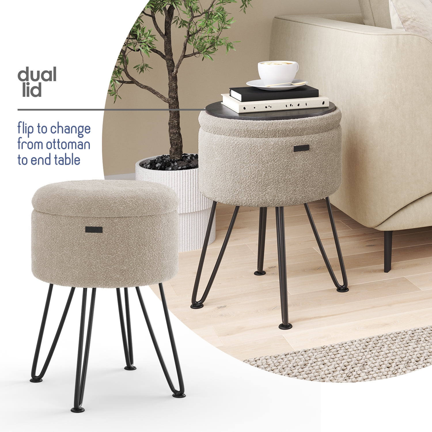Hearth & Harbor Round Ottoman with Storage, Luxurious Foot Stool and Chic Vanity Stool with Storage, Elegant Boucle Beige