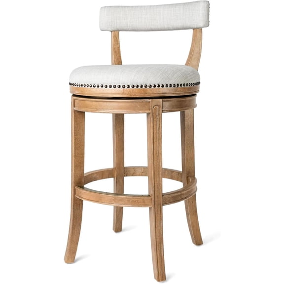 Maven Lane Alexander Bar Stool 31 Inches – Swivel Stool with Footrest – Brown Solid Wood and Natural Fabric Upholstery – Ideal for Bars, Pubs, and Tall Kitchen Counters