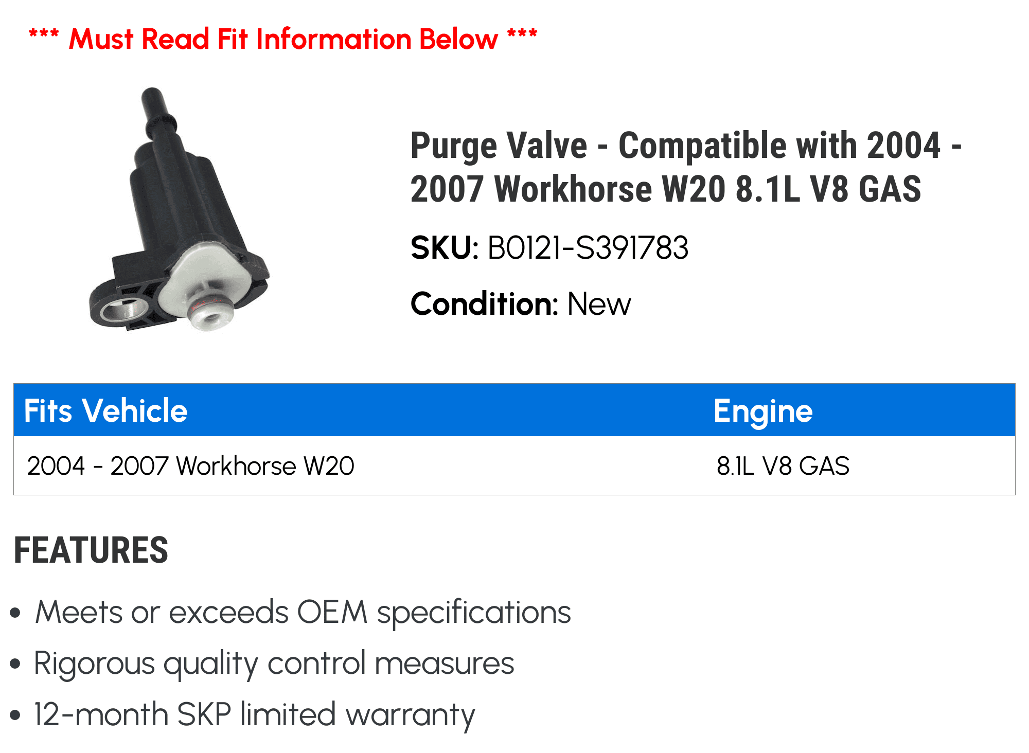 Purge Valve - Compatible with 2004 - 2007 Workhorse W20 8.1L V8 GAS 2005 2006