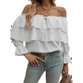 thumbnail image 2 of Women'S Off Shoulder Ruffle Trendy Summer Fashion Long Sleeve Blouse Sexy- Dressy Casual Outfits Layered Tops White XL, 2 of 7