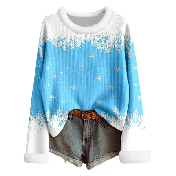 Telankuip 2025 Christmas Sweaters for Women Fuzzy-Trim Crewneck Knitted Pullovers X-mas Glass Print Long Sleeve Soft Comfort Warm Fashion Tops Sky Blue3 XL