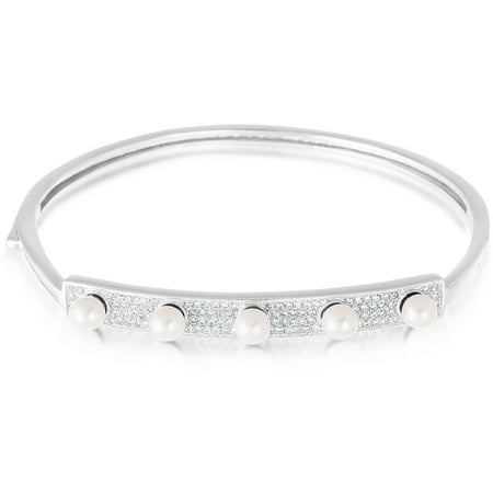 Women's Sterling Silver Rhodium Pave Bangle with 4mm Pearls