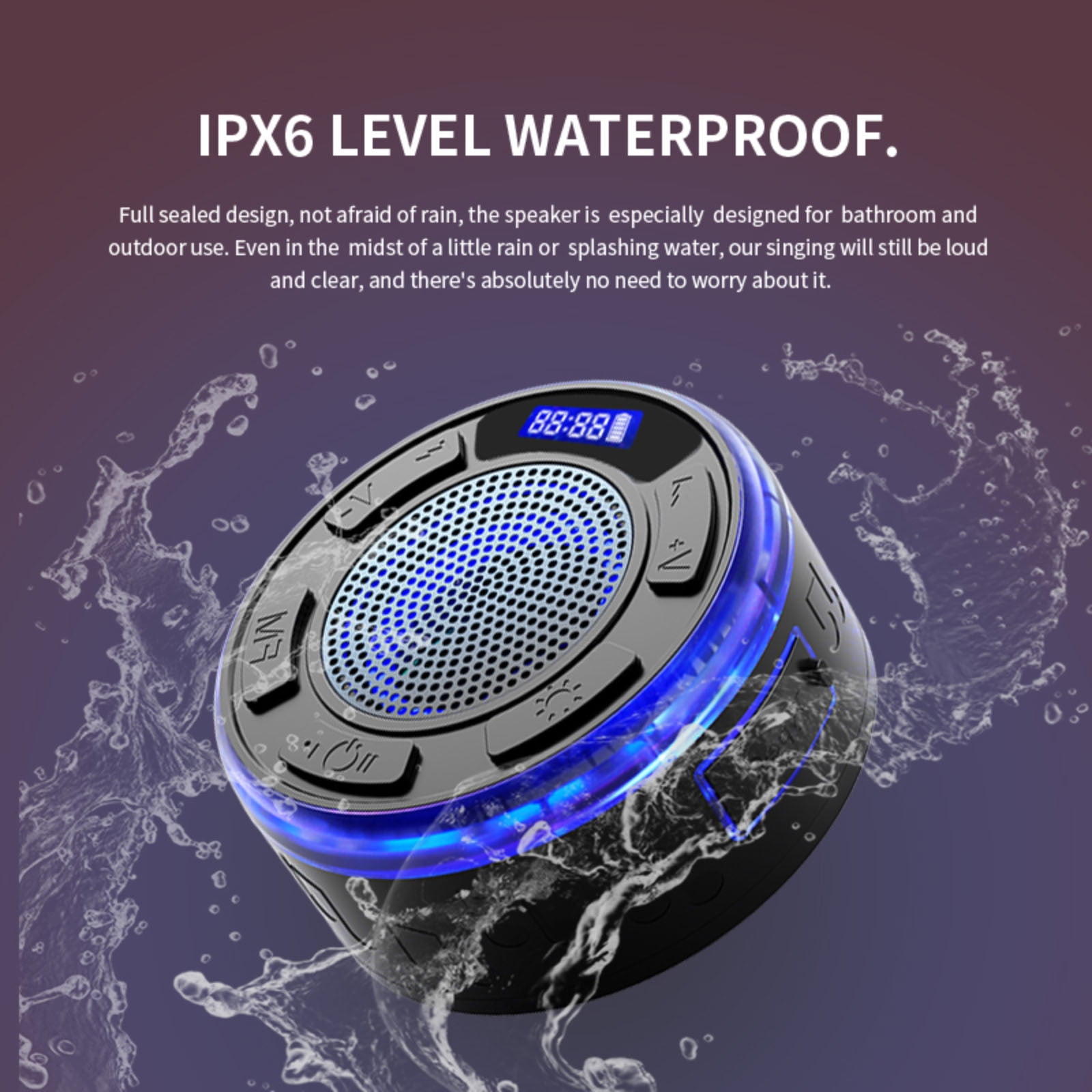 IPX7 Waterproof Bluetooth Speaker with Detachable Suction Cup, RGB Color Changing LED Shower Speaker, Portable Outdoor Speaker for Pool Beach and Camping, Wireless bluetooth audio