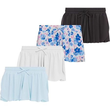 Girls 4 Pack Butterfly Shorts Lightweight Flowing Athletic Shorts with Elastic Waist Drawstring Sizes 4-16