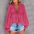 thumbnail image 2 of Women's Long Sleeve V Neck Blouse, Lace Splicing & Drawstring Ruffle Hem Casual Chic Tops, 2 of 9