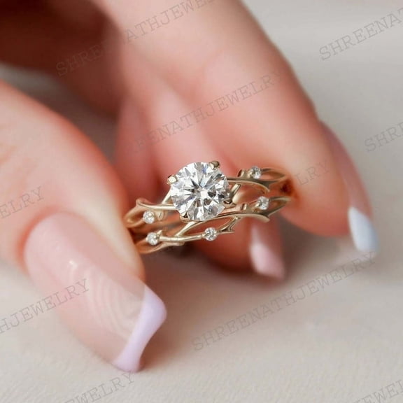 SHREENATHJEWELRY 1.5CT Round Shape Moissanite Bridal Wedding Ring Set CZ Diamond Nature Inspired Proposal Ring Twig Promise Band Anniversary Gift For Wife