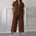 thumbnail image 2 of Women's 2 Piece Outfit Button Down Collared Short Sleeve Top with Cropped Wide Leg Pants Casual Matching Set with Pockets for Summer Coffee XL(XL), 2 of 5