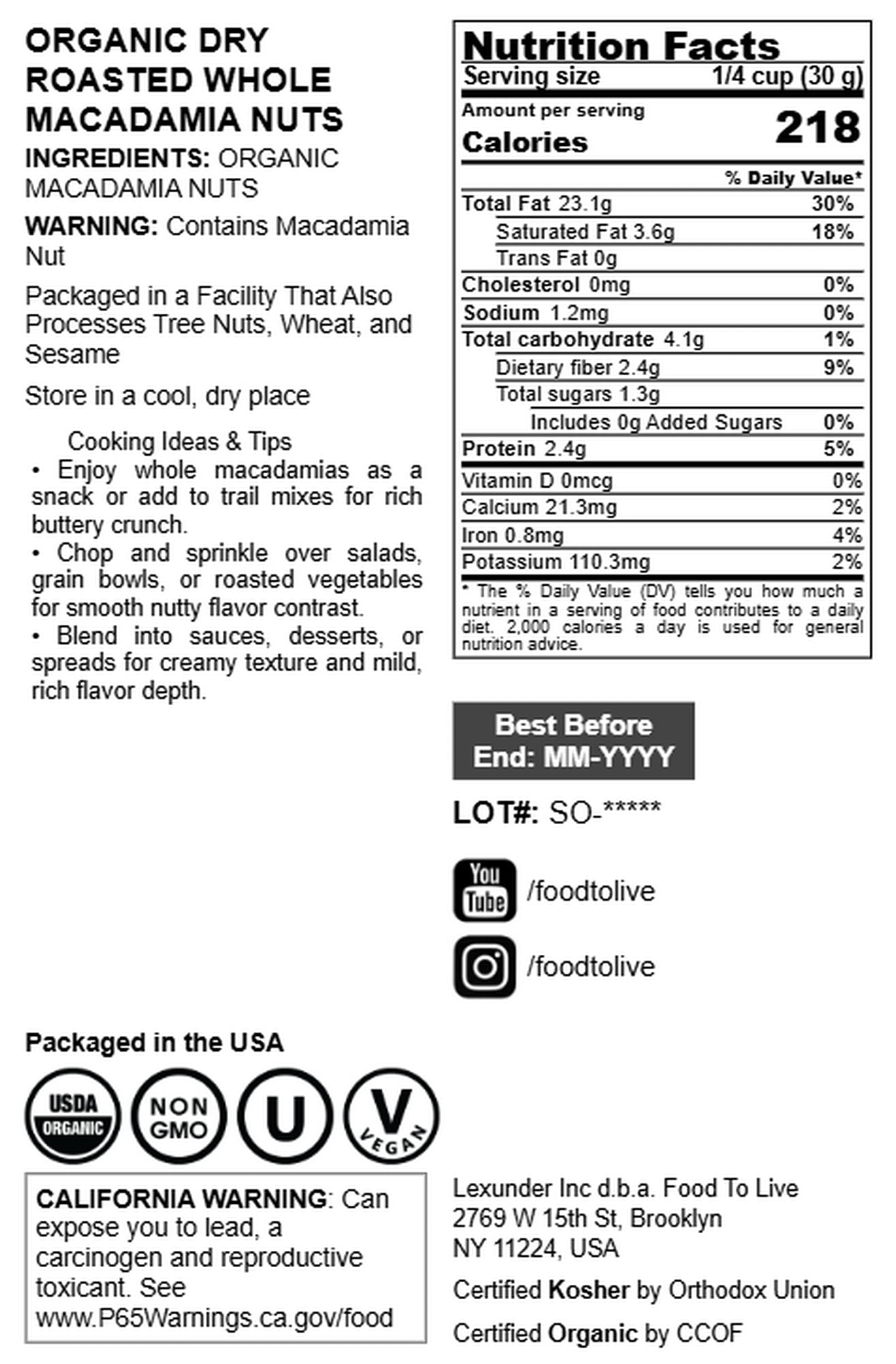 Organic Dry Roasted Whole Macadamia Nuts, 1 Pound – Unsalted, Delicious and Nutritious Snack Made from Premium Non-GMO Nuts, Perfect for Keto and Paleo Diet. Rich Butter Flavor. Kosher, Vegan.