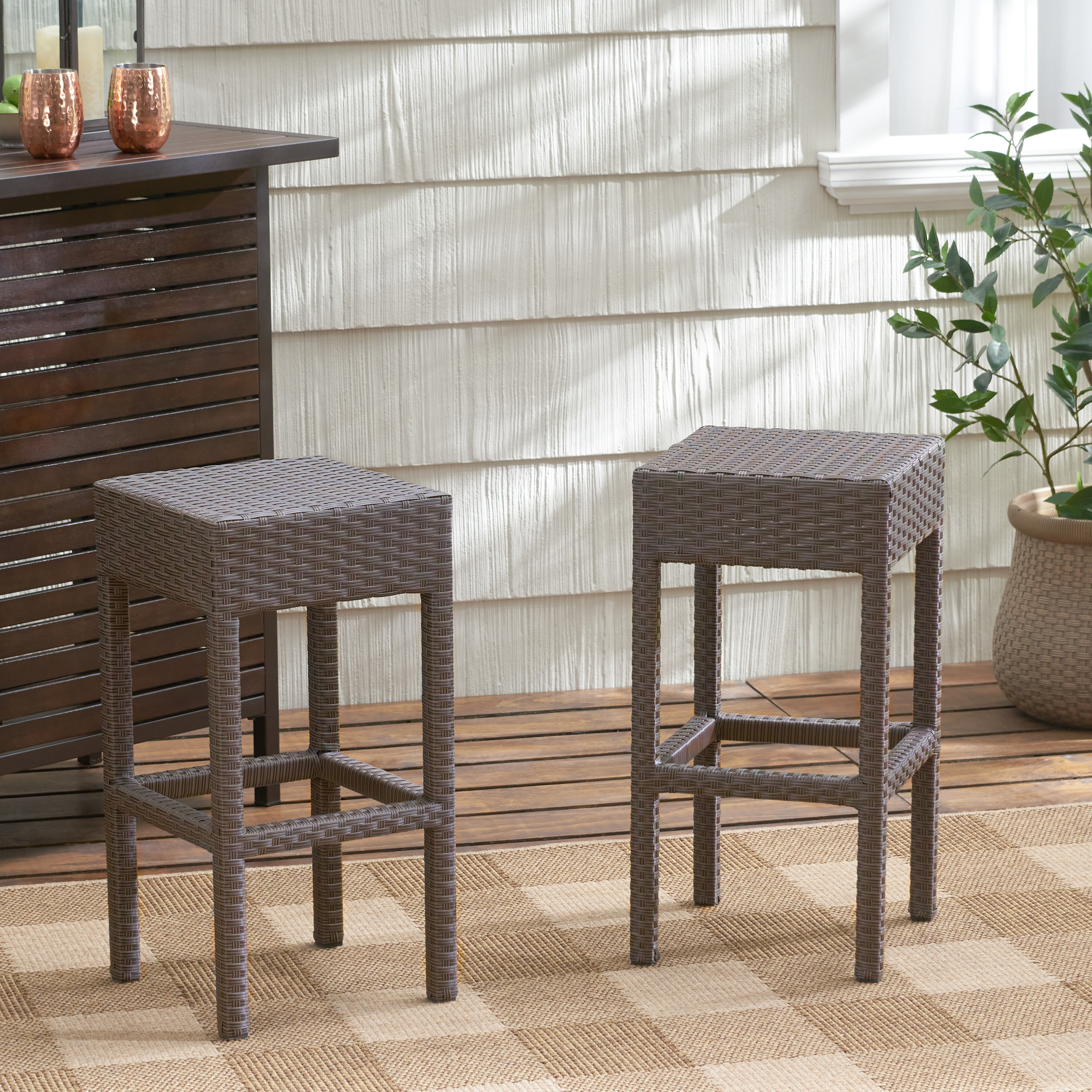 Outdoor PE Rattan Backless Bar Stool Set of 2, Simple Height Leisure Seats for Patio Bar, Dark Brown
