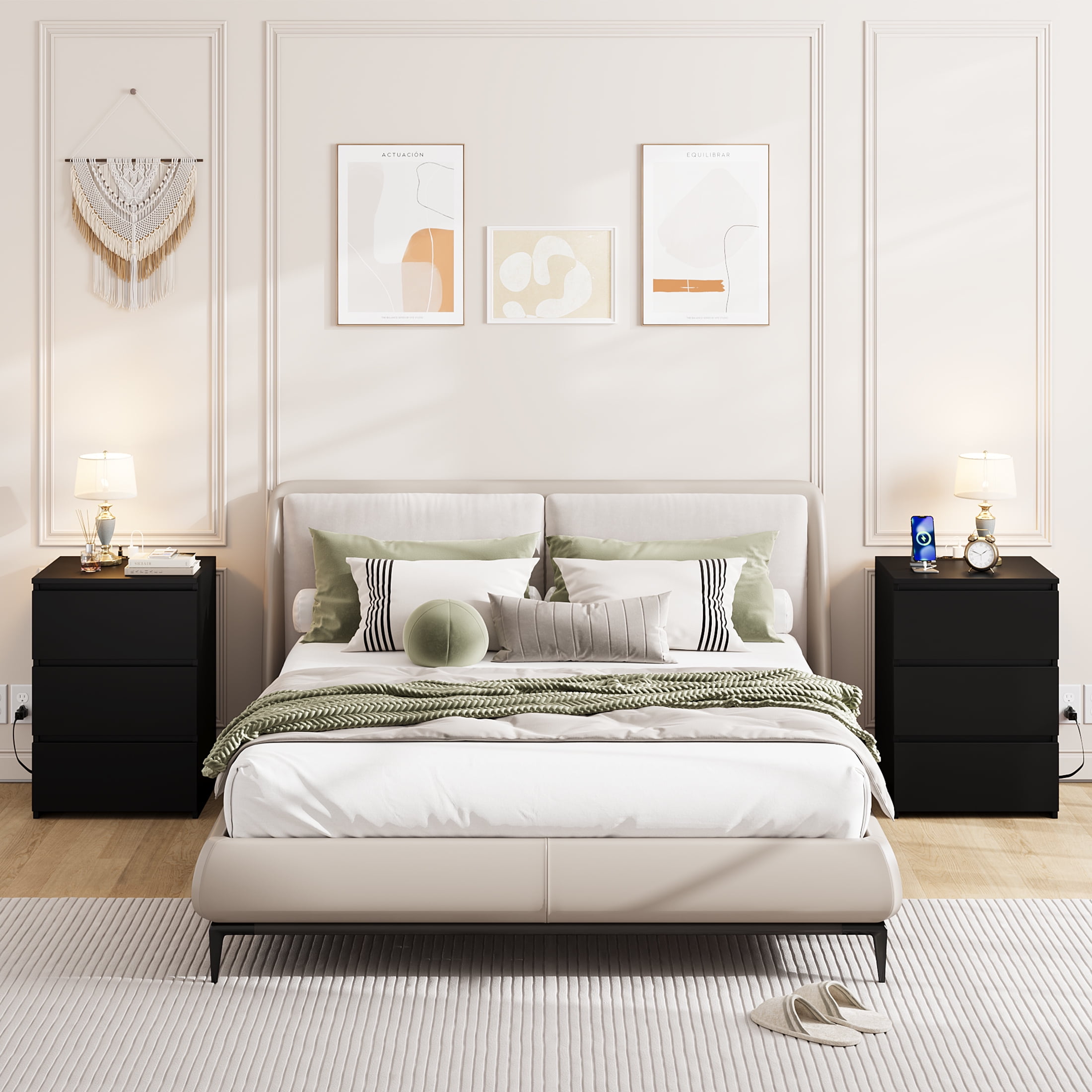 Homfa 3 Drawers Nightstand with Charging Station, Side Table with Storage for Living Room, Black Bedside Nightstand for Bedroom