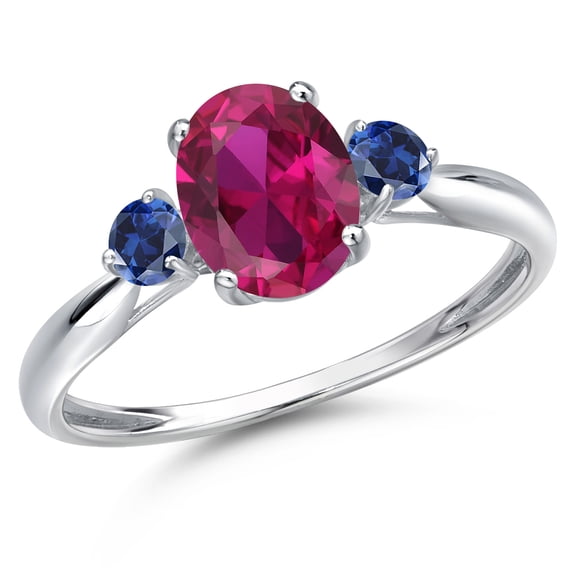 Gem Stone King 10K White Gold Red Created Ruby and Blue Created Sapphire 3-Stone Ring for Women | 1.63 Cttw | Oval 8X6MM | Gemstone July Birthstone | Size 7