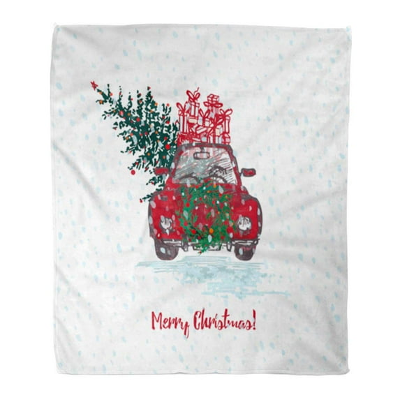 ASHLEIGH Throw Blanket Warm Cozy Print Flannel Festive Christmas Red Car Fir Tree Decorated Balls Roof White Snowy and Text Comfortable Soft for Bed Sofa and Couch 50x60 Inches
