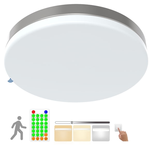13 Inch Microwave Motion Sensor LED Flush Mount Ceiling Light Fixture with Photocell, Remote, 30W 3000lm CCT, IP4X, 100LM/W, Dimmable, Ceiling Light Fitures for Hallway Stair Closet Basement, Silver